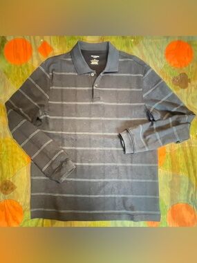 Van Heusen Flex Mens Classic Fit Long Sleeve Polo Shirt Blue Stripes Medium